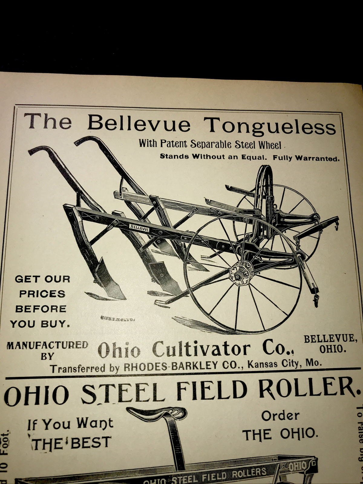 1898 Ohio Cultivator Co Farm Advertising – Bellevue – Ohio & Kansas City MO