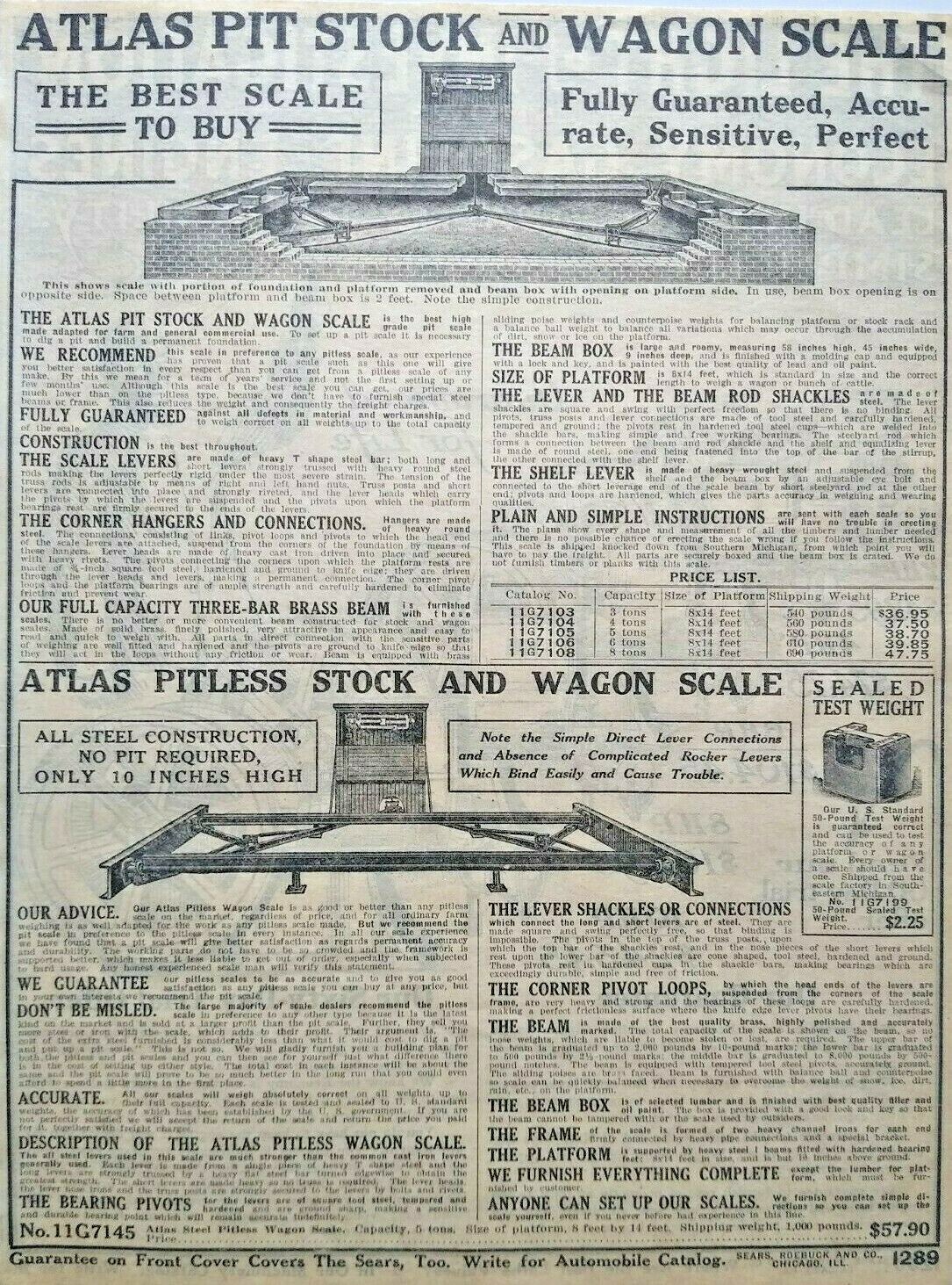 1911 Atlas Pit Stock Wagon Scale Farming Machine Art Sears Catalog Page Print Ad