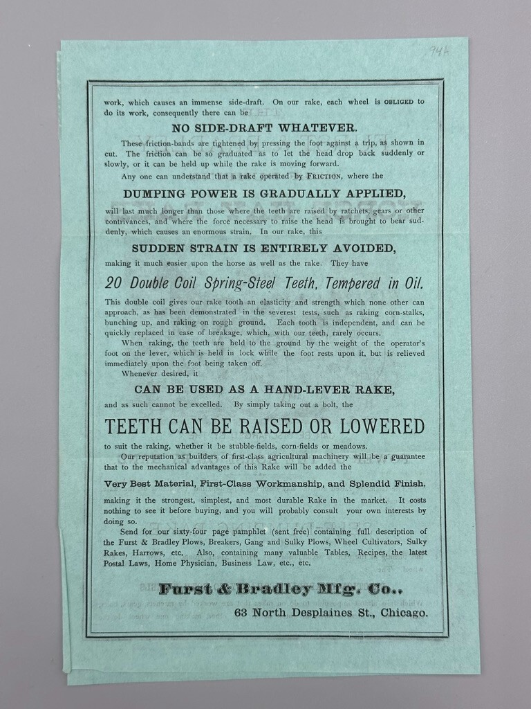 1880s FURST & BRADLEY Sulky Horse Hay Rake FARM Antique ADVERTISING Circular