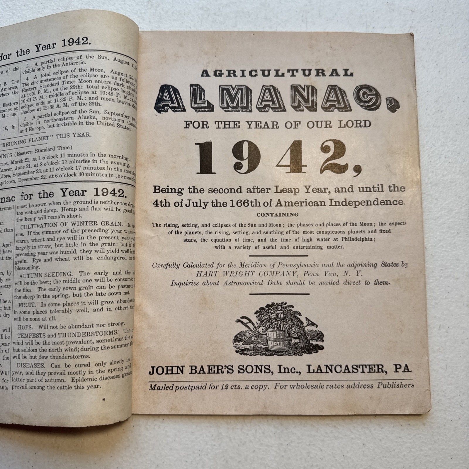 Vintage 1942 & 1950 John Baer’s Sons Agricultural Almanac Lancaster, PA