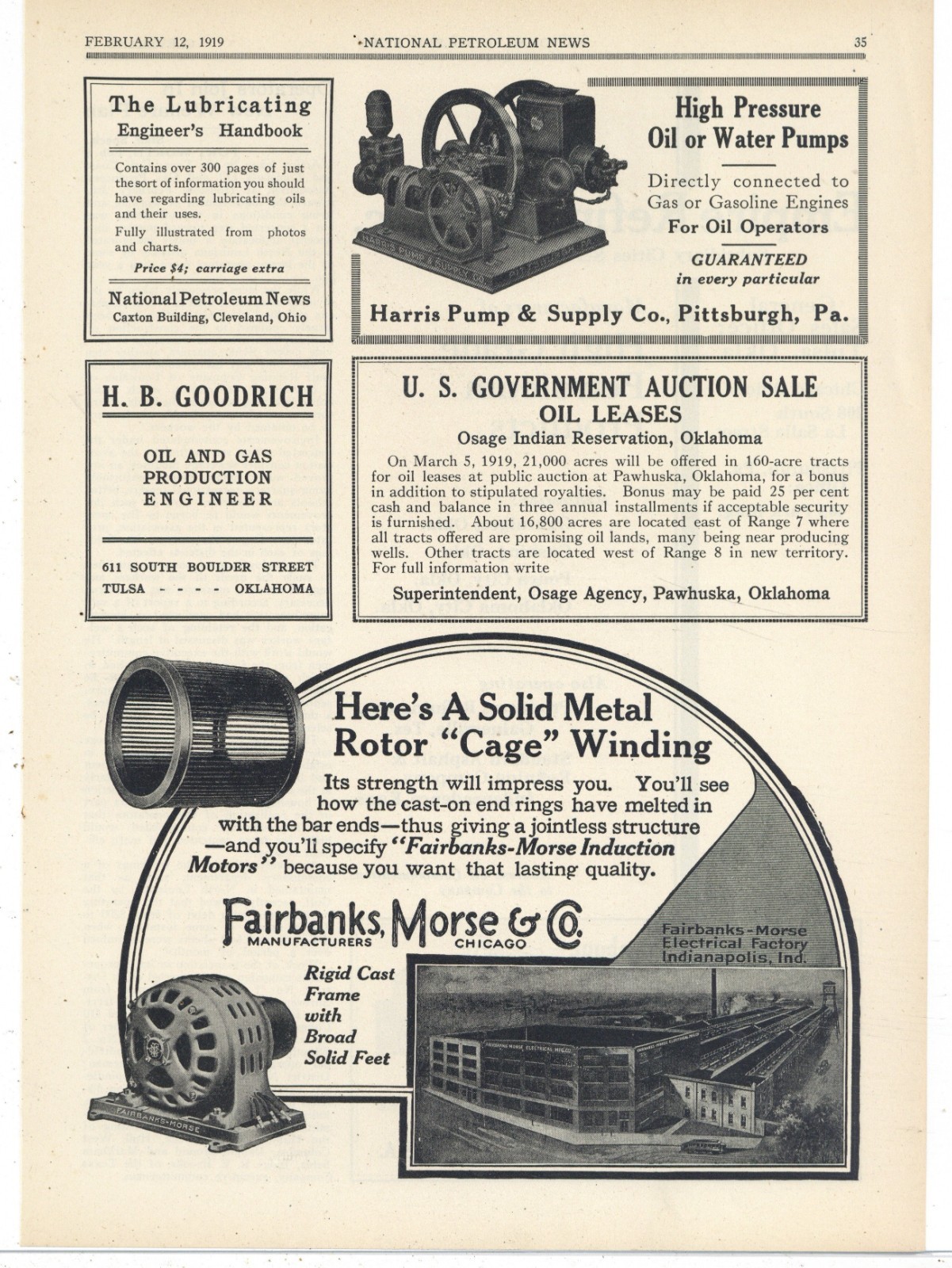1919 Fairbanks Morse Ad: Induction Motor Pictured; Indianapolis Factory View