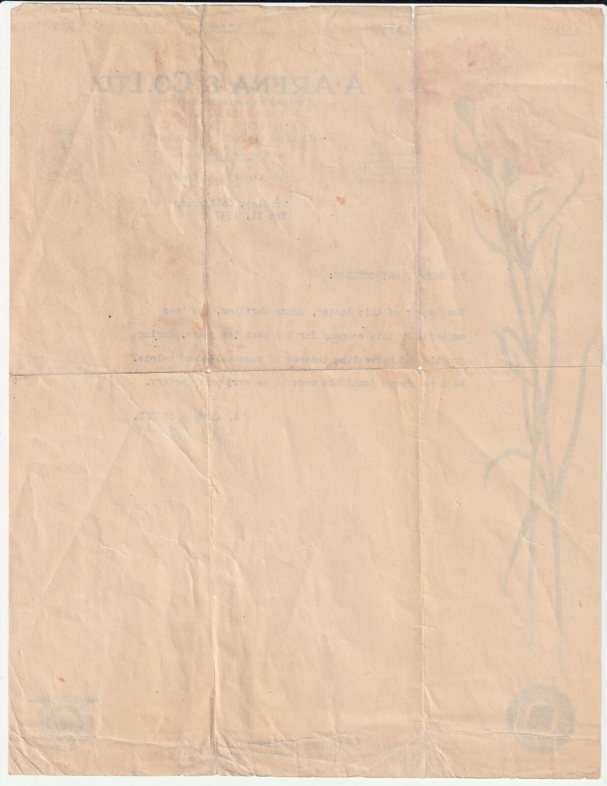 Color Letterhead A Arena & co ltd flower & vegetable distributer 1937