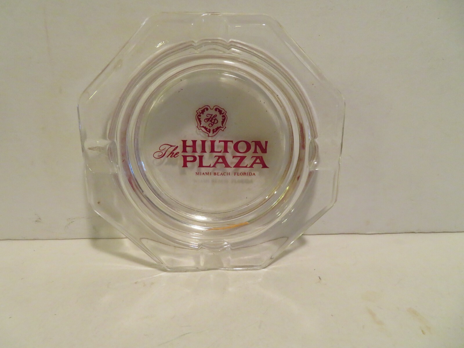 The Hilton Plaza Miami Beach, Florida Ashtray Clear Glass Red Letters 4 1/2 IN
