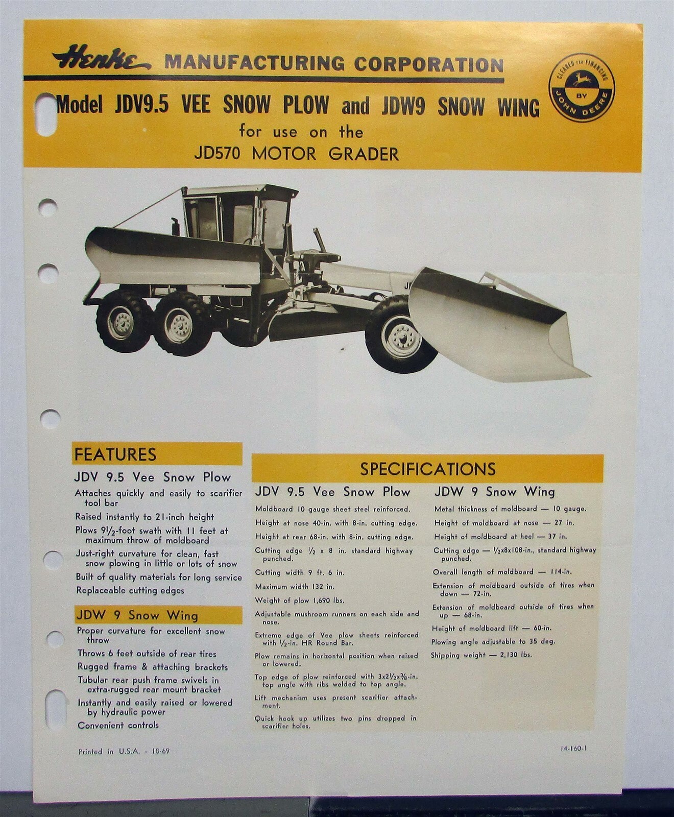 1969 Henke Snow Plow Attachment Specifications Construction Sales Brochure