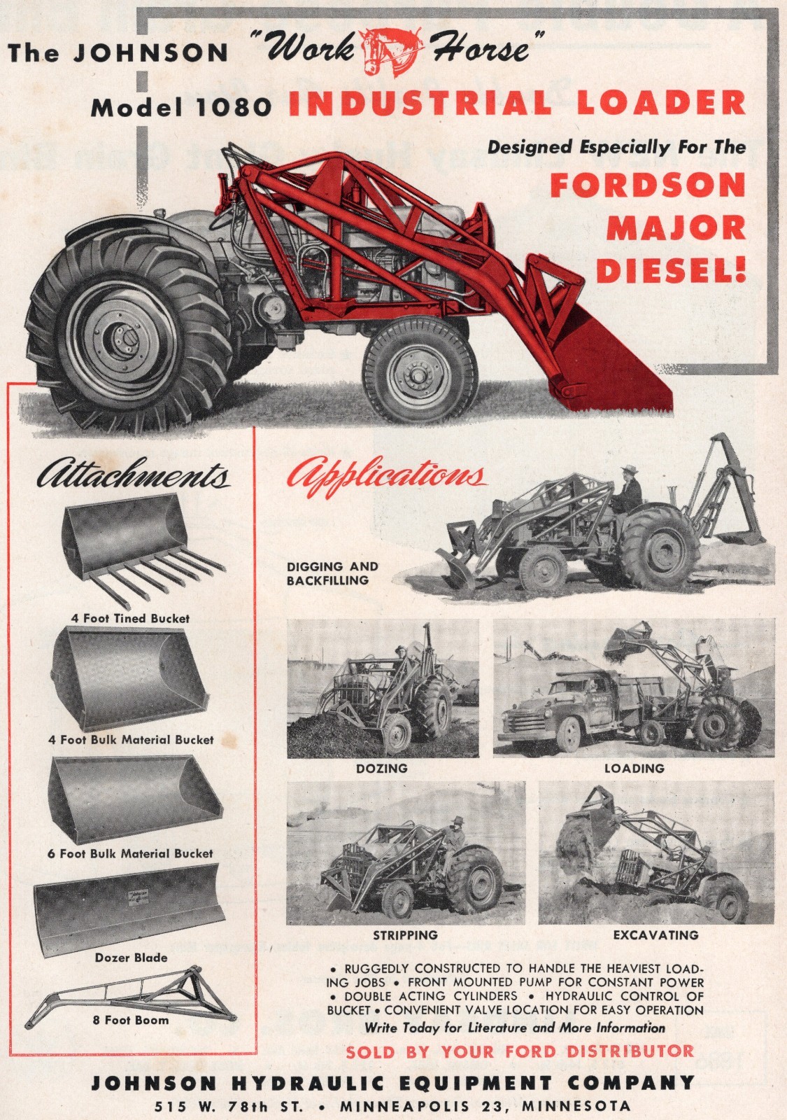 1954 Dealer Print Ad of Johnson Work Horse Industrial Loader for Ford Tractor