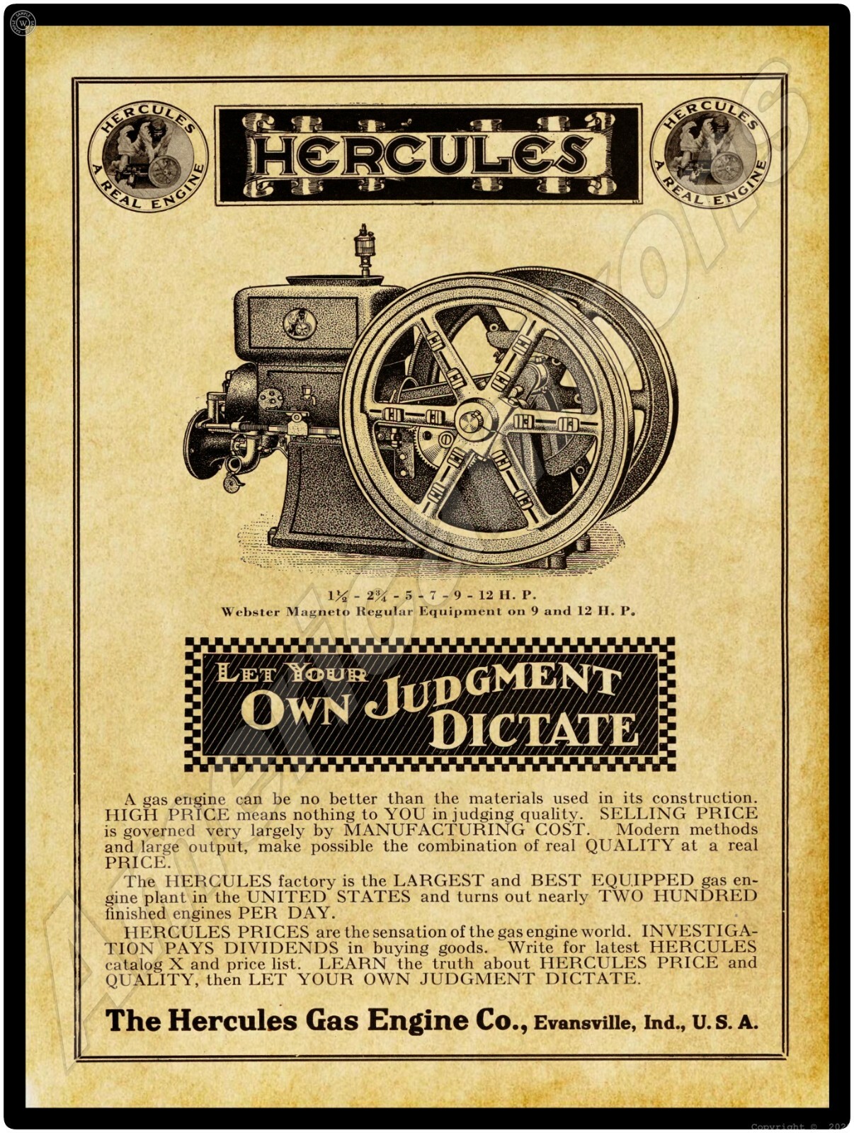 1915 Hercules Gas Engines New Metal Sign: Evansville, Indiana