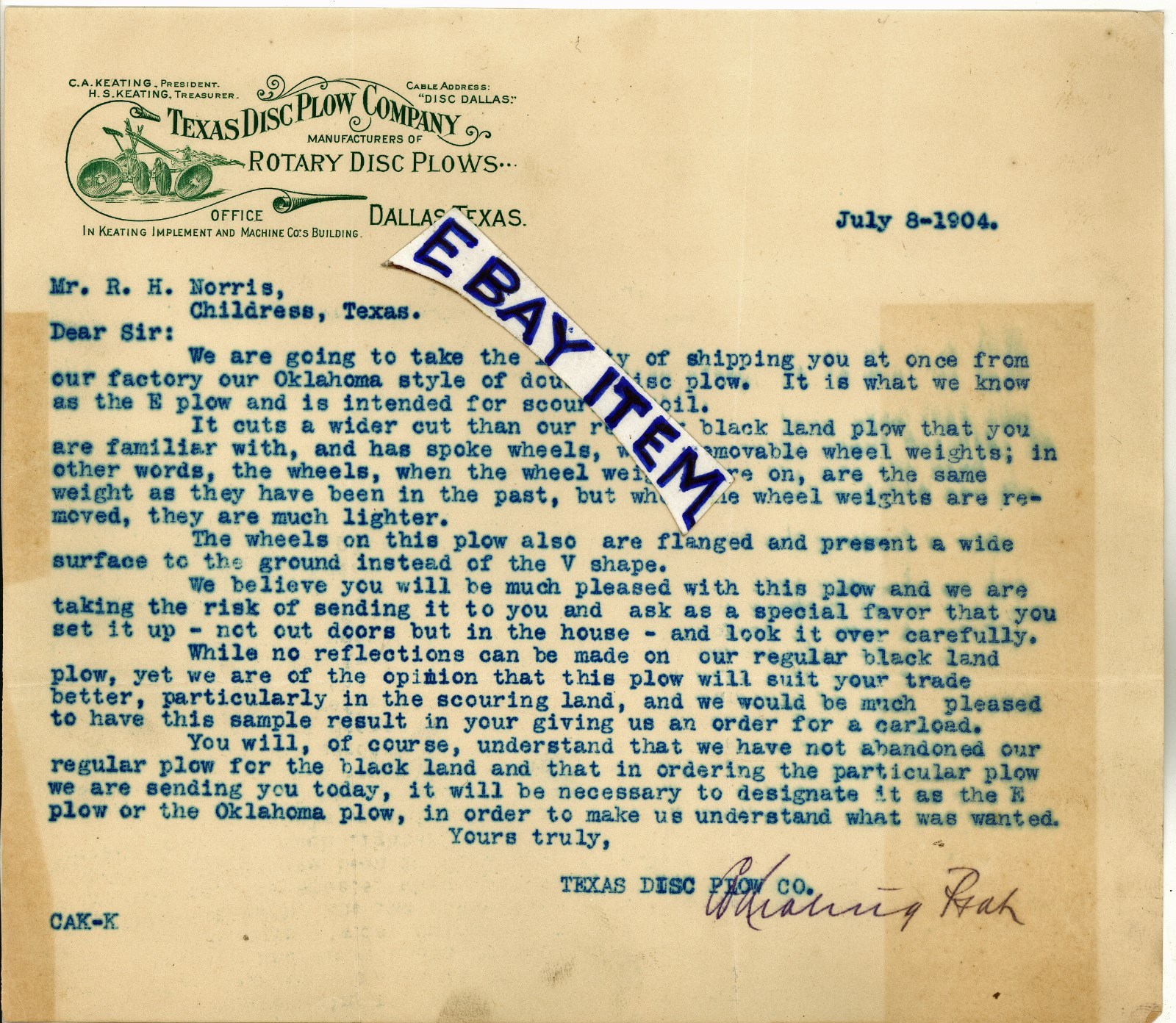 1904 letterhead C A KEATING Implement & Machine DALLAS TEXAS DISC PLOW COMPANY