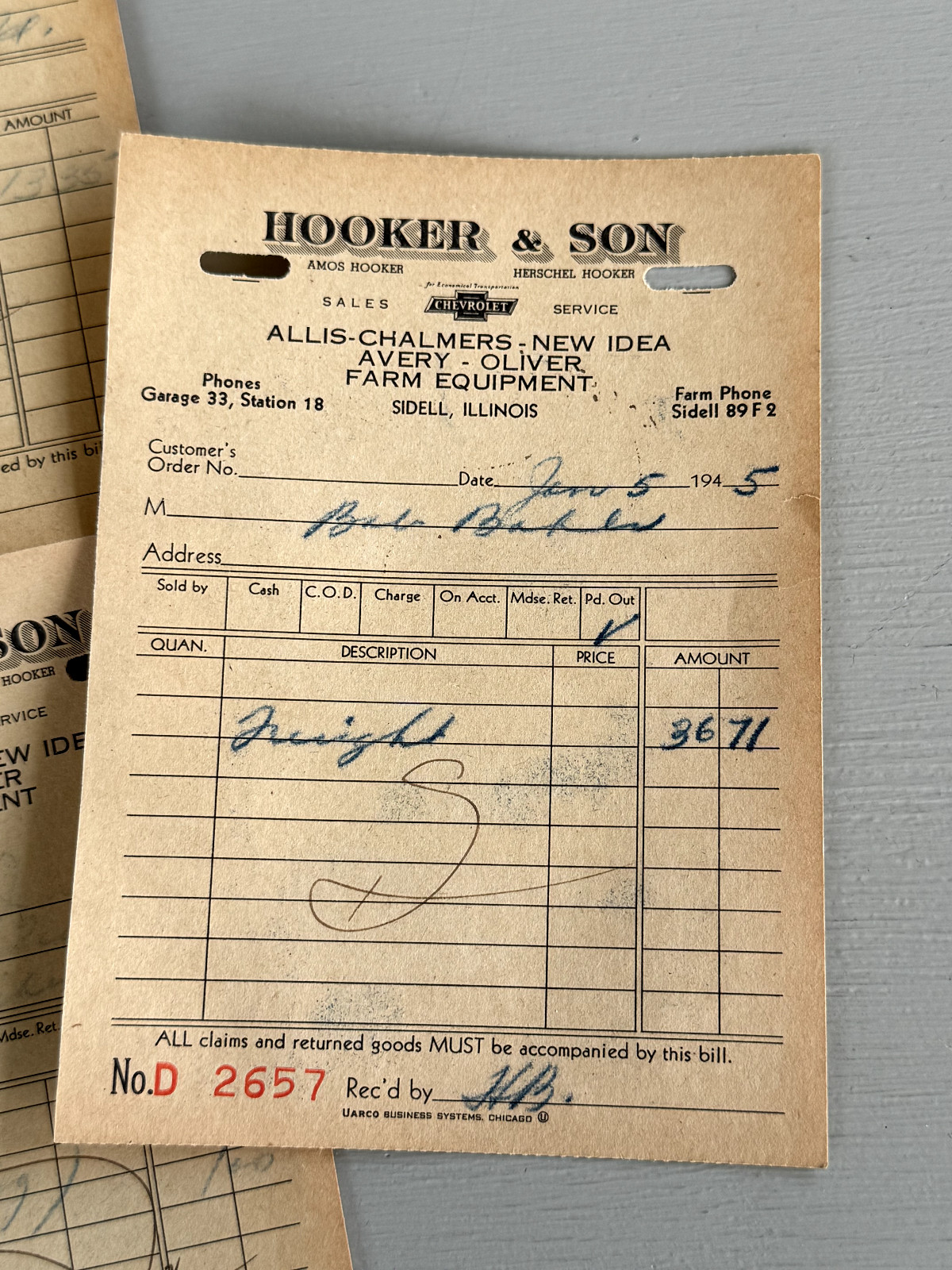 VTG Sidell IL Receipts Chevrolet Allis Chalmers New Idea Avery Oliver Farm Equip