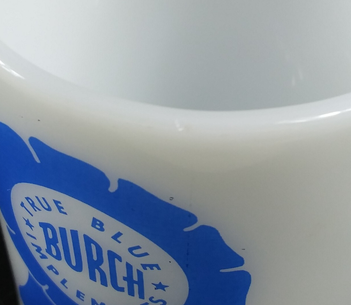 VTG Burch True Blue Farm Implements Coffee Mug Federal Glass Ag Ribbon Logo READ