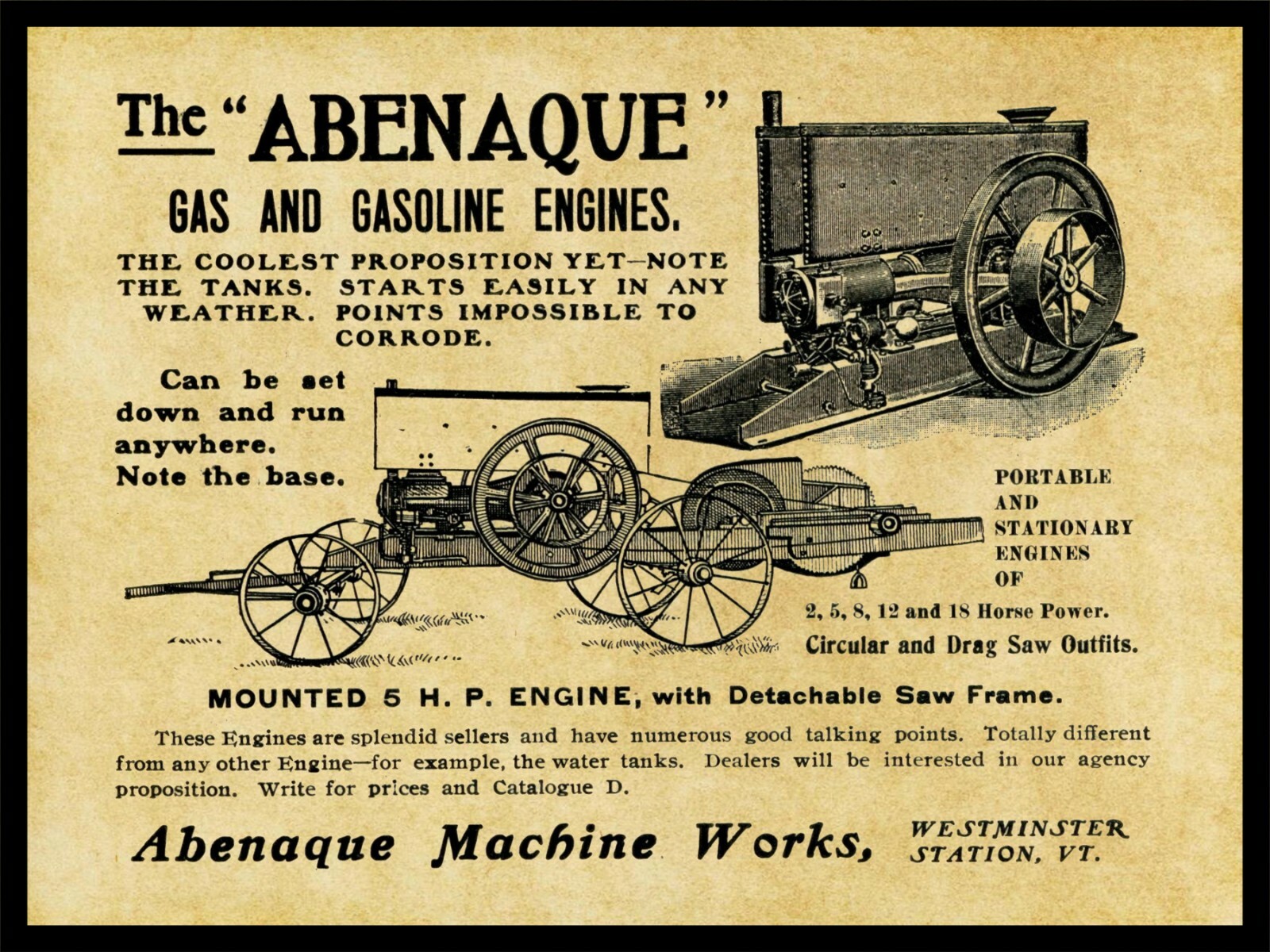 1905 Abenaque Machine Works NEW Metal Sign: Westminster Station, Vermont