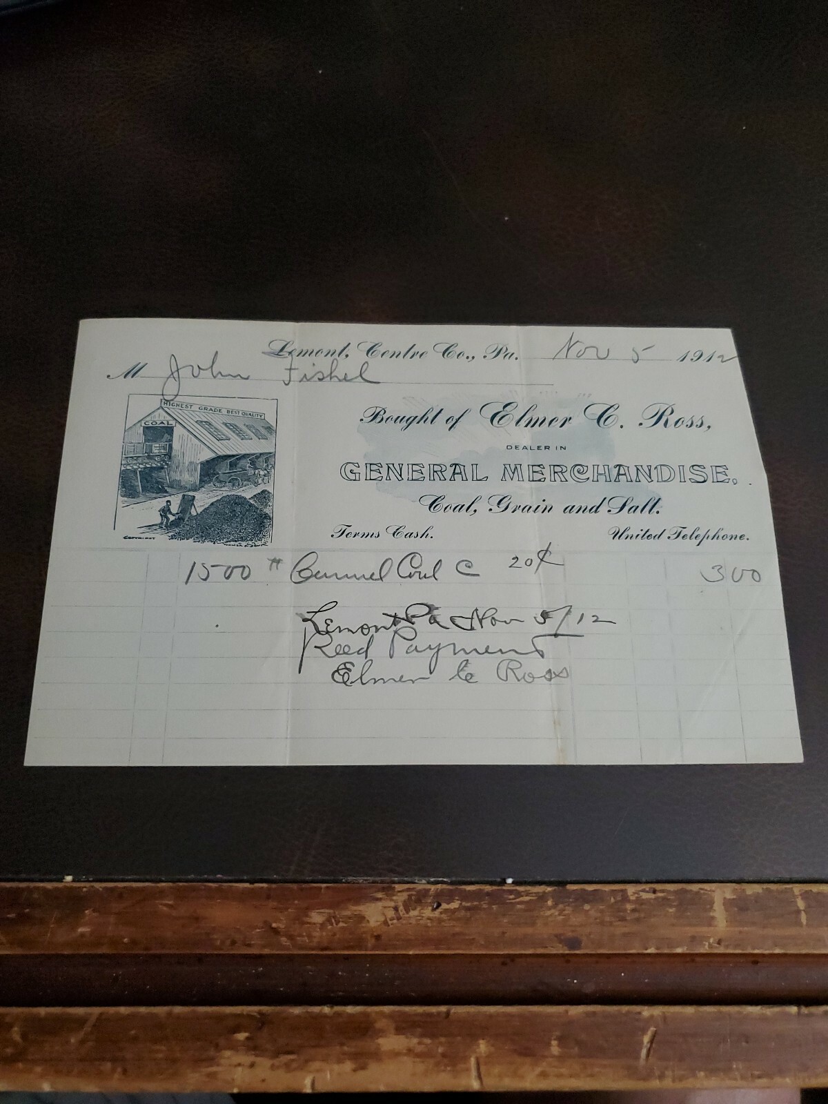 Vntg 1900s Lemont Pa Centre Co Elmer Ross General Store Recpt Coal Grain Salt