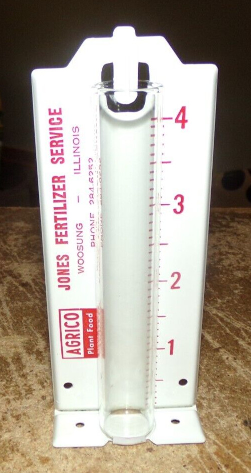 vintage agrico jones fert. service woosung,il. metal rain gauge in the box new