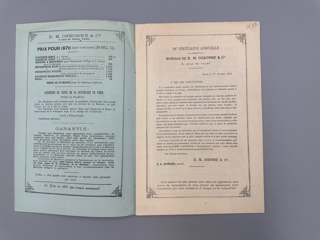 1876 DM OSBORNE Farm MOWER Harvester ADVERTISING French Catalog Antque AUBURN NY