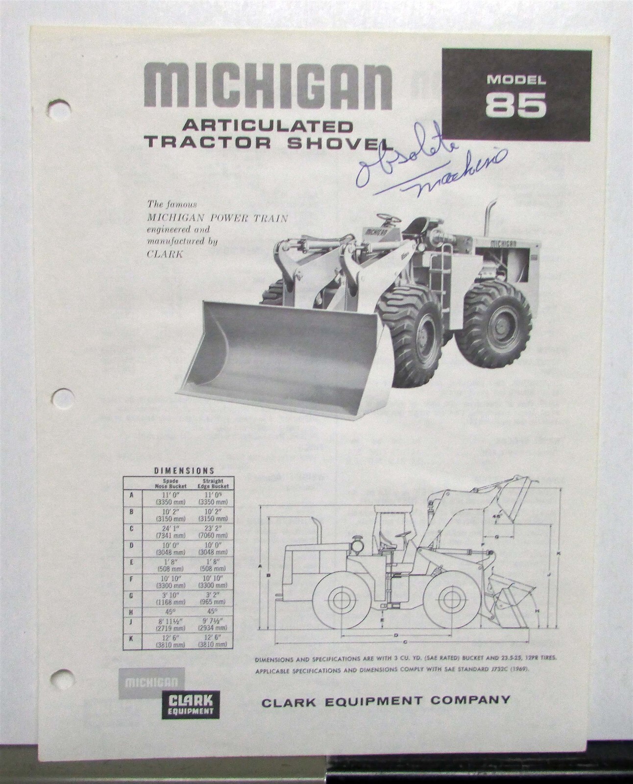 1972 Michigan 85 Articulated Tractor Shovel Specs Construction Sales Data Sheet