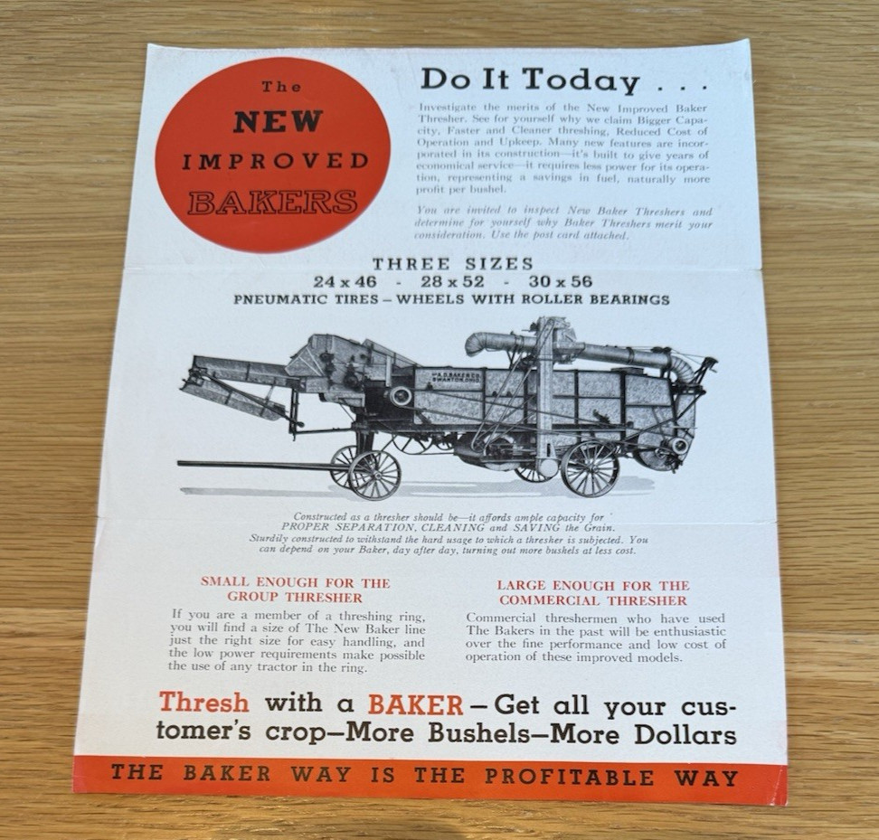 Original A.D. Baker Grain Thresher Advertising Sales Sheet c1920s- Agricultural