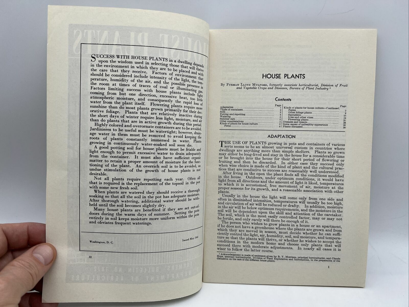 1941 USDA Farmers Bulletin No 1872 HOUSE PLANTS by Furman Lloyd Mulford