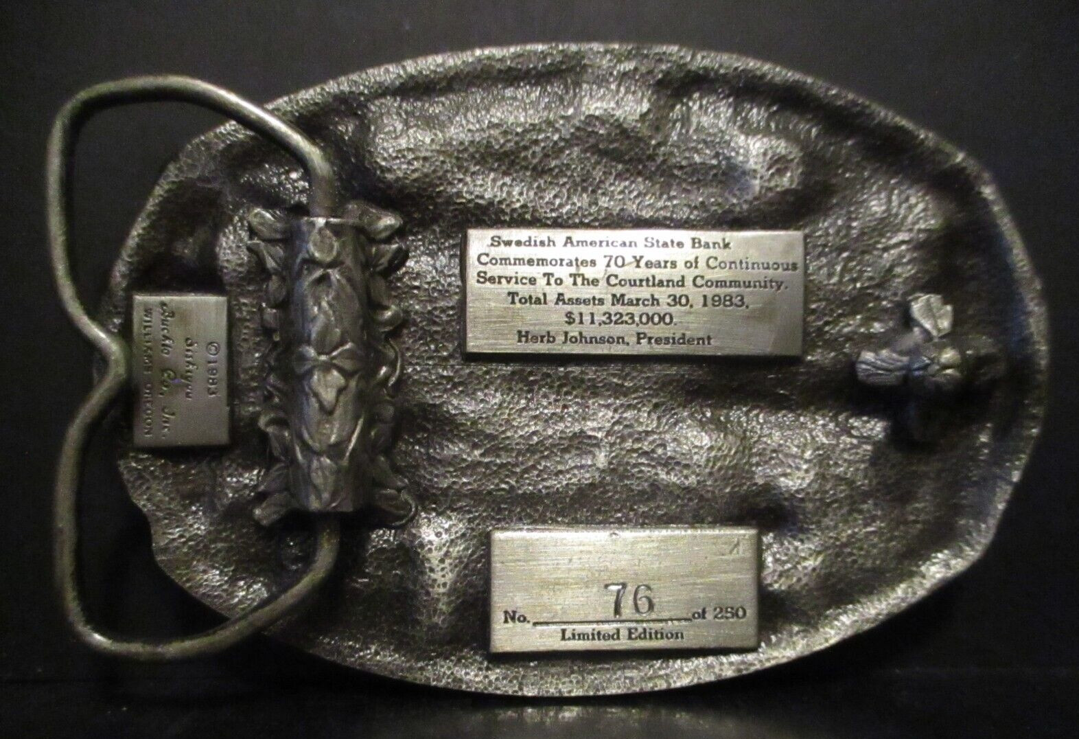 1983 Swedish American State Bank 70th Anniversary Belt Buckle Farm Combine Cow