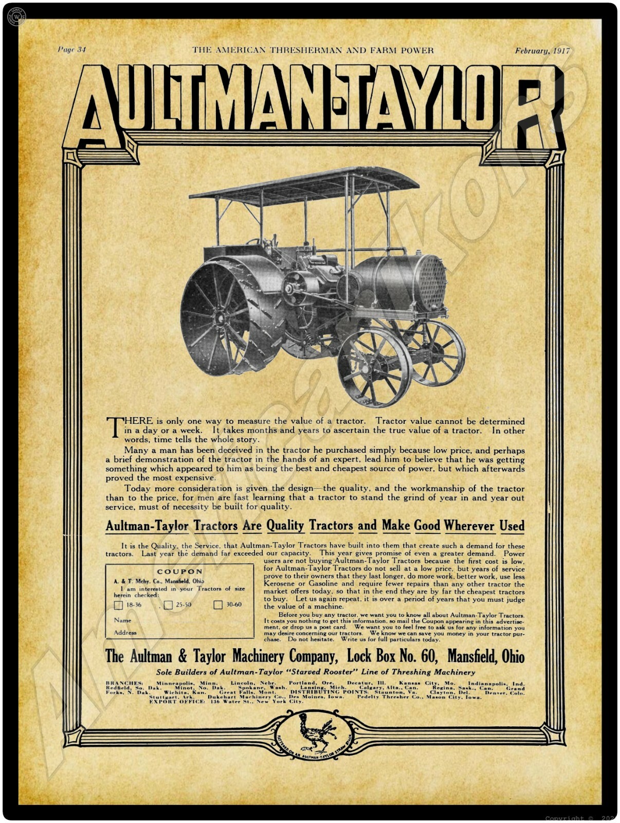 1917 Aultman & Taylor Gas Tractors New Metal Sign: Mansfield, Ohio