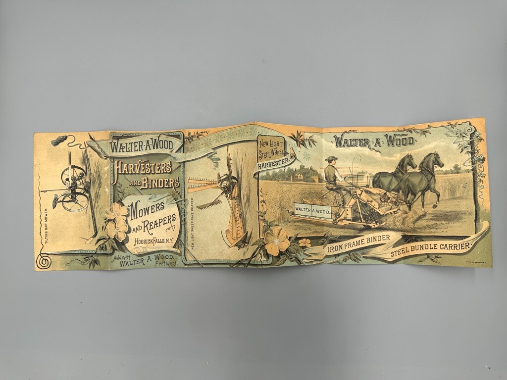 1886 Harvester WALTER WOOD Victorian FARM Advertising Trade Card HOOSICK FALLS