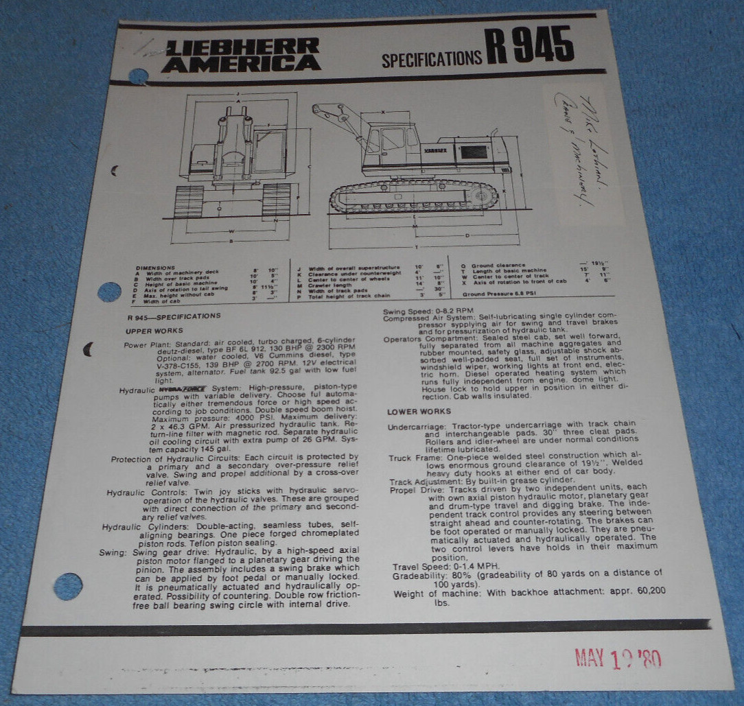 1980 Liebherr R945 Hydraulic Excavator Specifications Sheet Diagram Two Pages