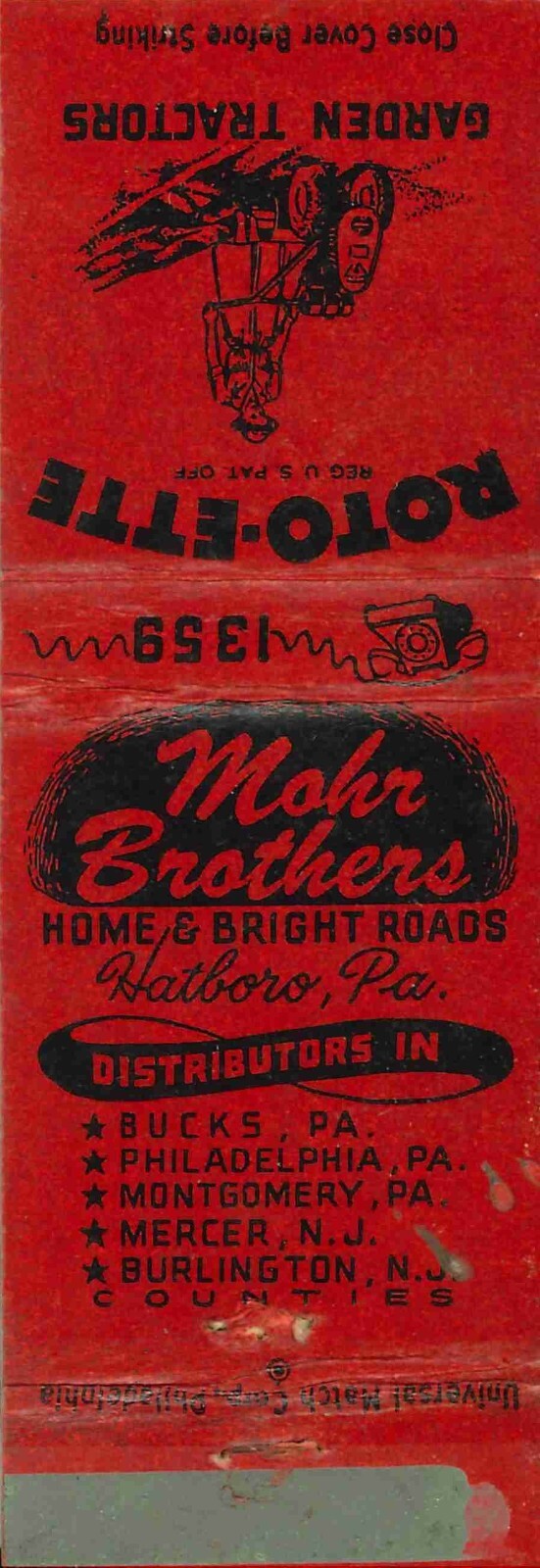 Matchbook Cover Roto Ette Garden Tractors Mohr Brothers Hatboro PA