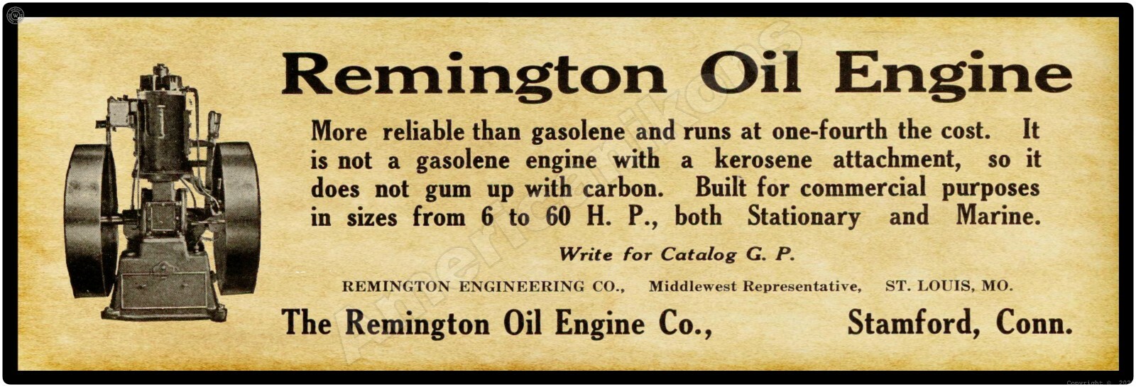 1910 Remington Oil Engine New Metal Sign, 16&Prime; x 48&Prime; USA STEEL XL Size – 8 lbs