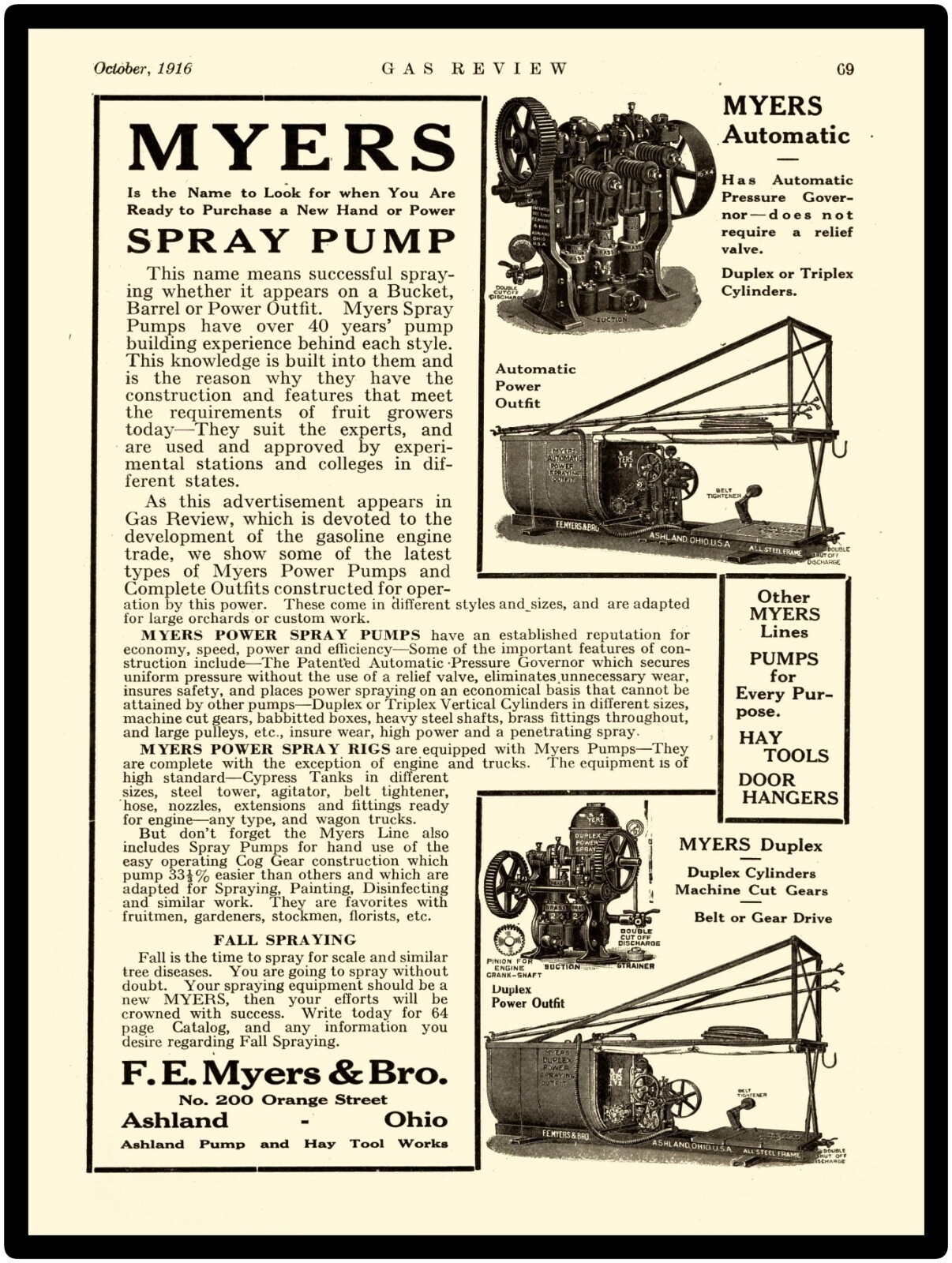 1917 F.E. Meyers & Bro. New Metal Sign: Myers Spray Pumps Ashland, Ohio