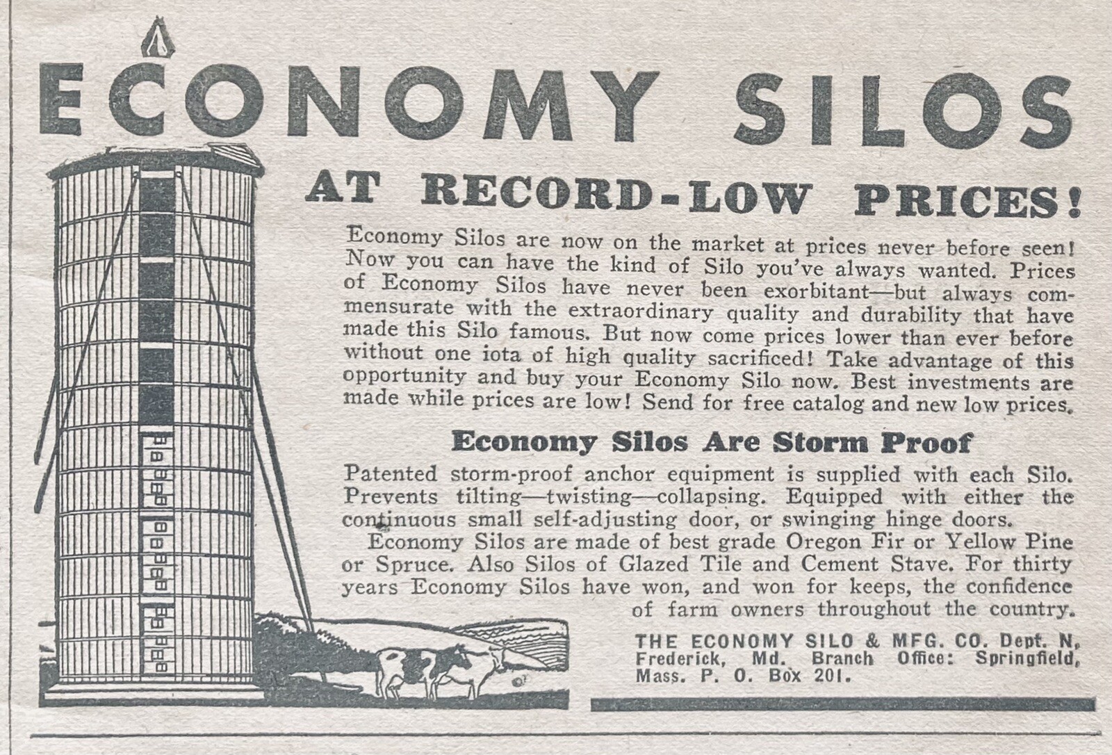 1929 AD.(XG25)~ECONOMY SILO CO. FREDERICK, MD. STORM PROOF ECONOMY SILOS
