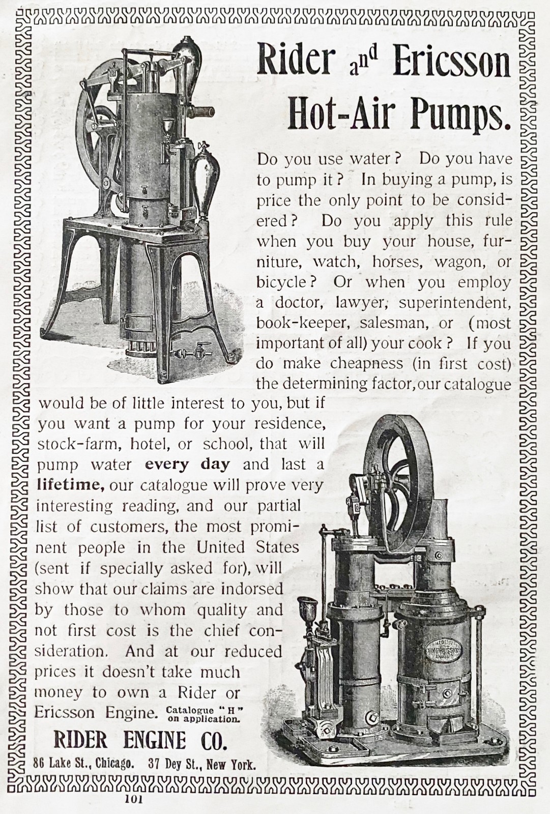 RIDER and ERICSSON Hot Air Pumps Antique 1896 Old Farming Water Engine Print Ad