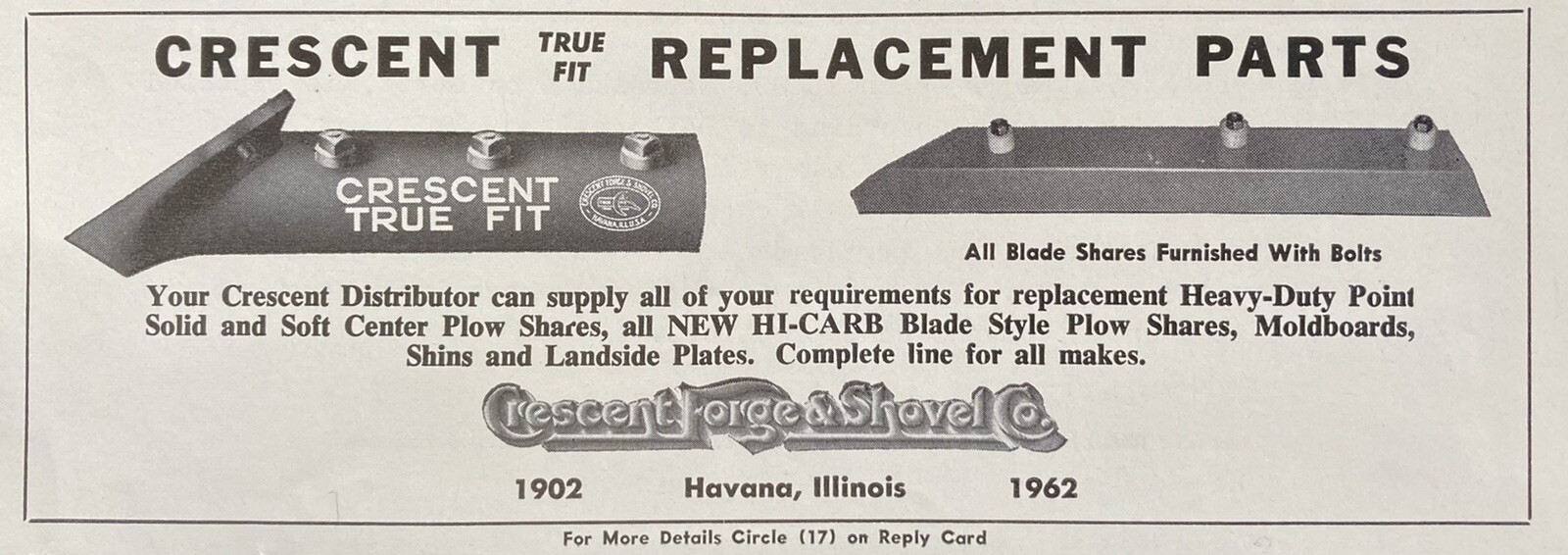 1962 AD.(XG8)~CRESCENT FORGE & SHOVEL CO. HAVANNA, ILL. BLADE SHARE PLOW PARTS