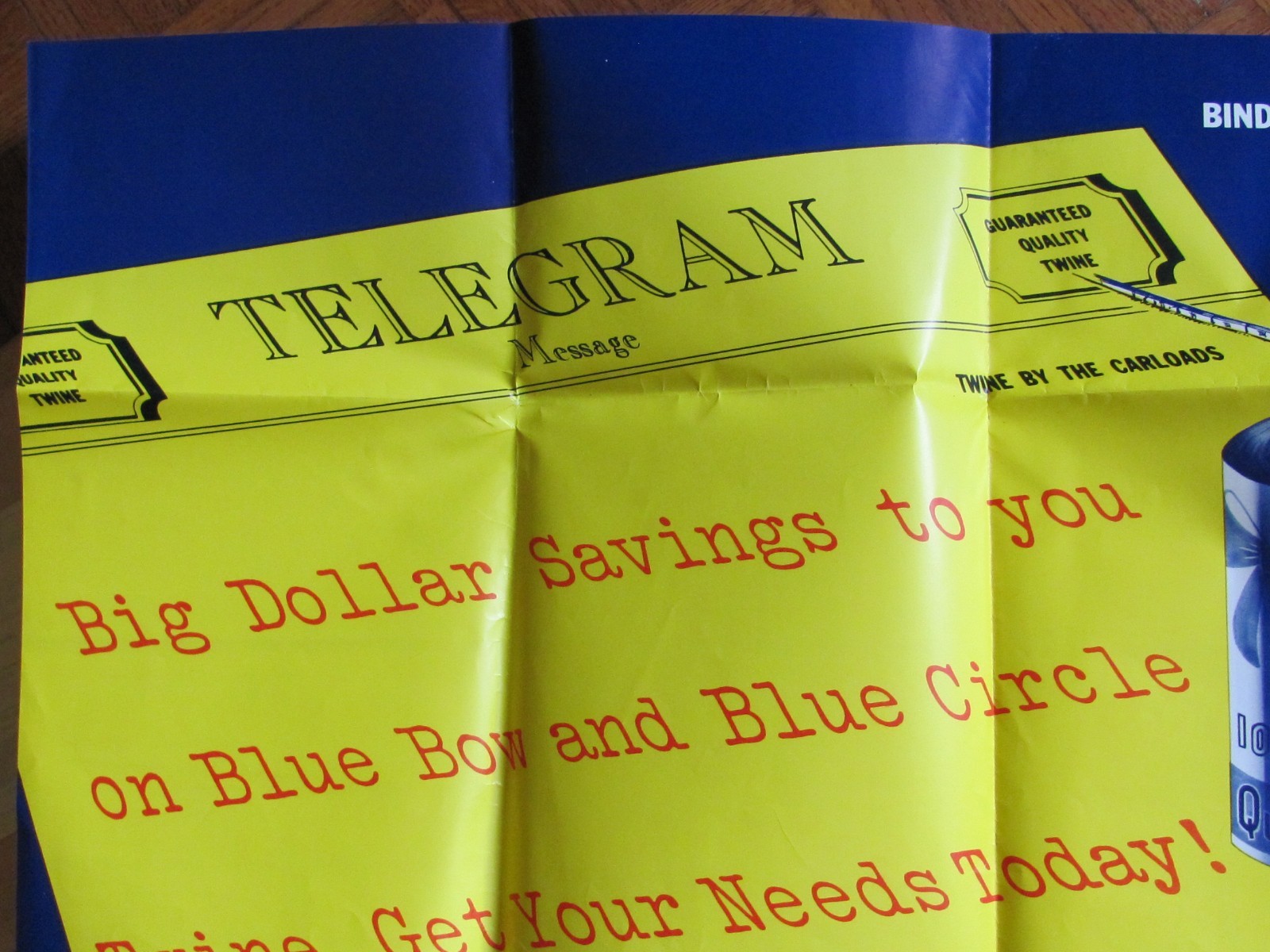 1953 FARM DEALER BLUE BOW BINDER BALING TWINE 34  » SALES POSTER CHARITON IA