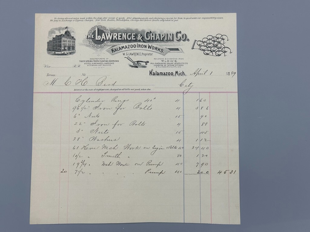 1889 KALAMAZOO Michigan IRON WORKS Lawrence Chapin PLOW FARM Antique ADVERTISING