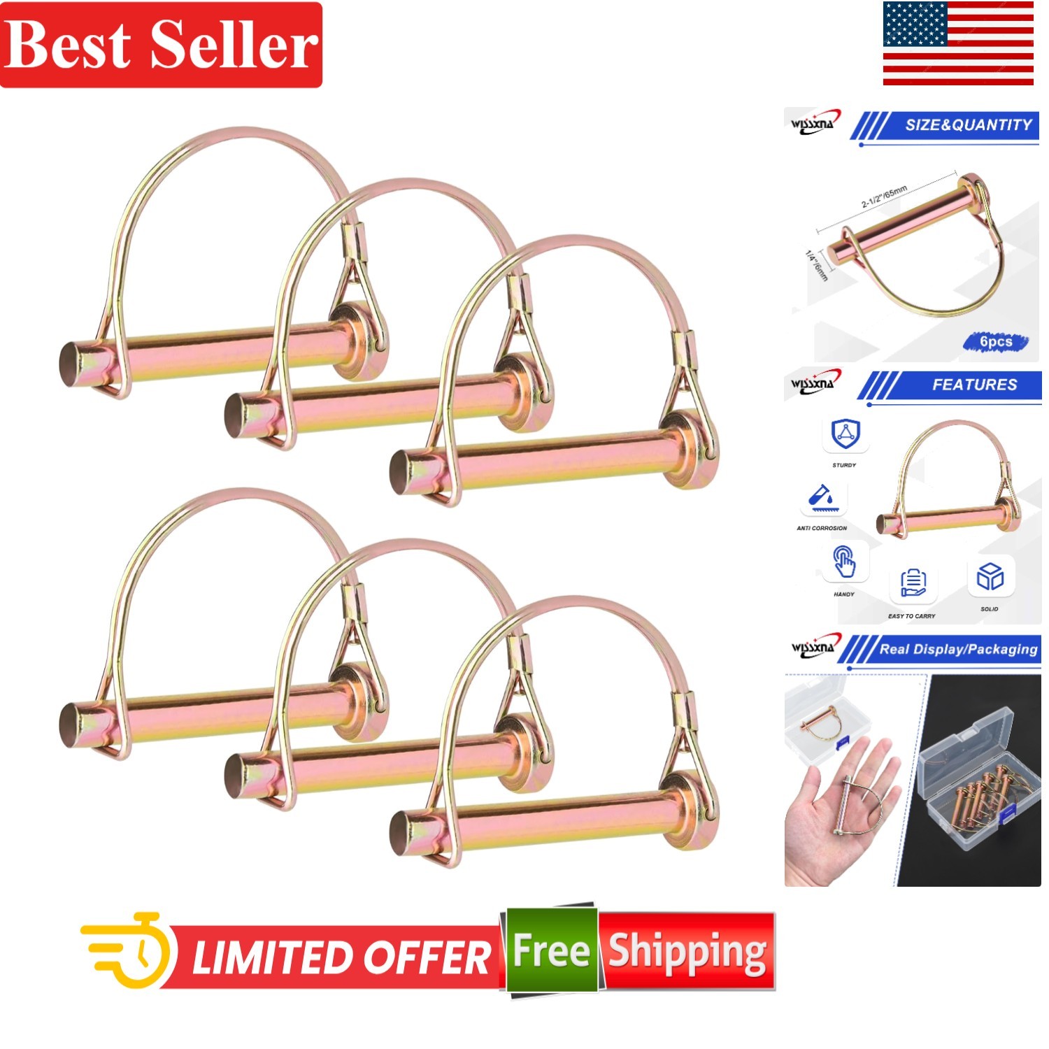 Heavy Duty PTO and Hitch Lynch Square D-Shape Pins 6PCS for Tractors Trucks