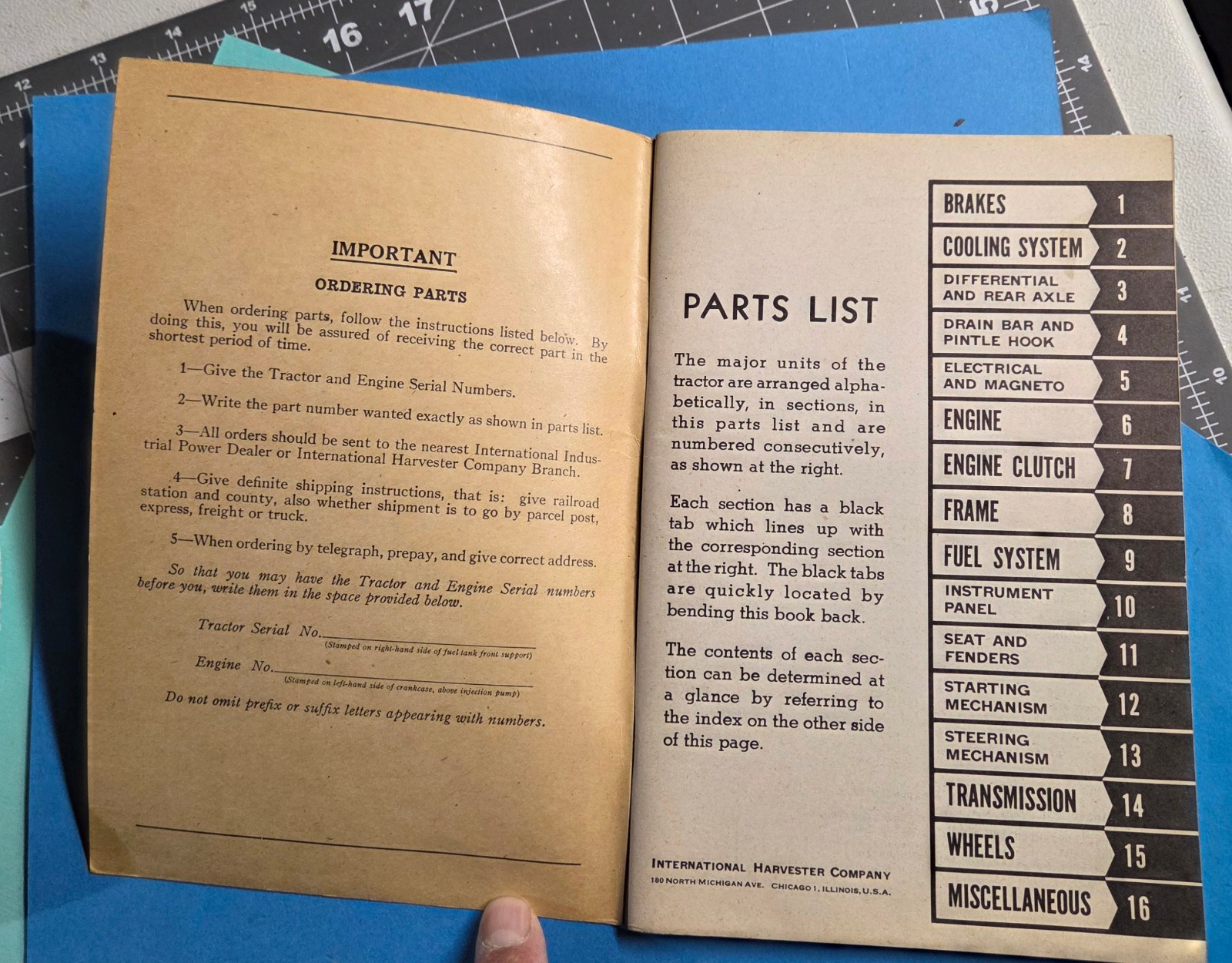 Vintage Manual Parts List International ID 9 Tractor 1944