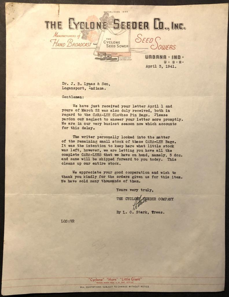 1941 Letter The Cyclone Seeder Co. Seed Sowers Urbana, Indiana