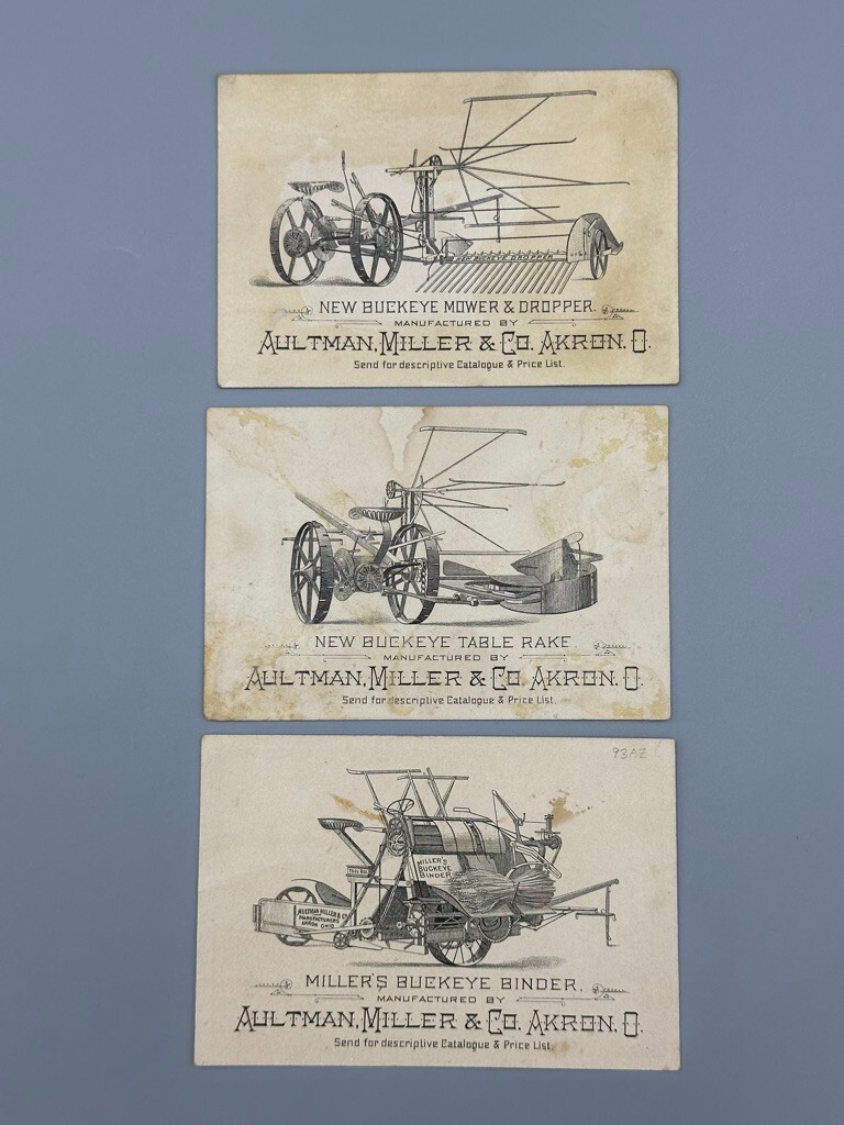 1880s Aultman Miller BUCKEYE MOWER Farm Advertising Trade Cards AKRON Ohio