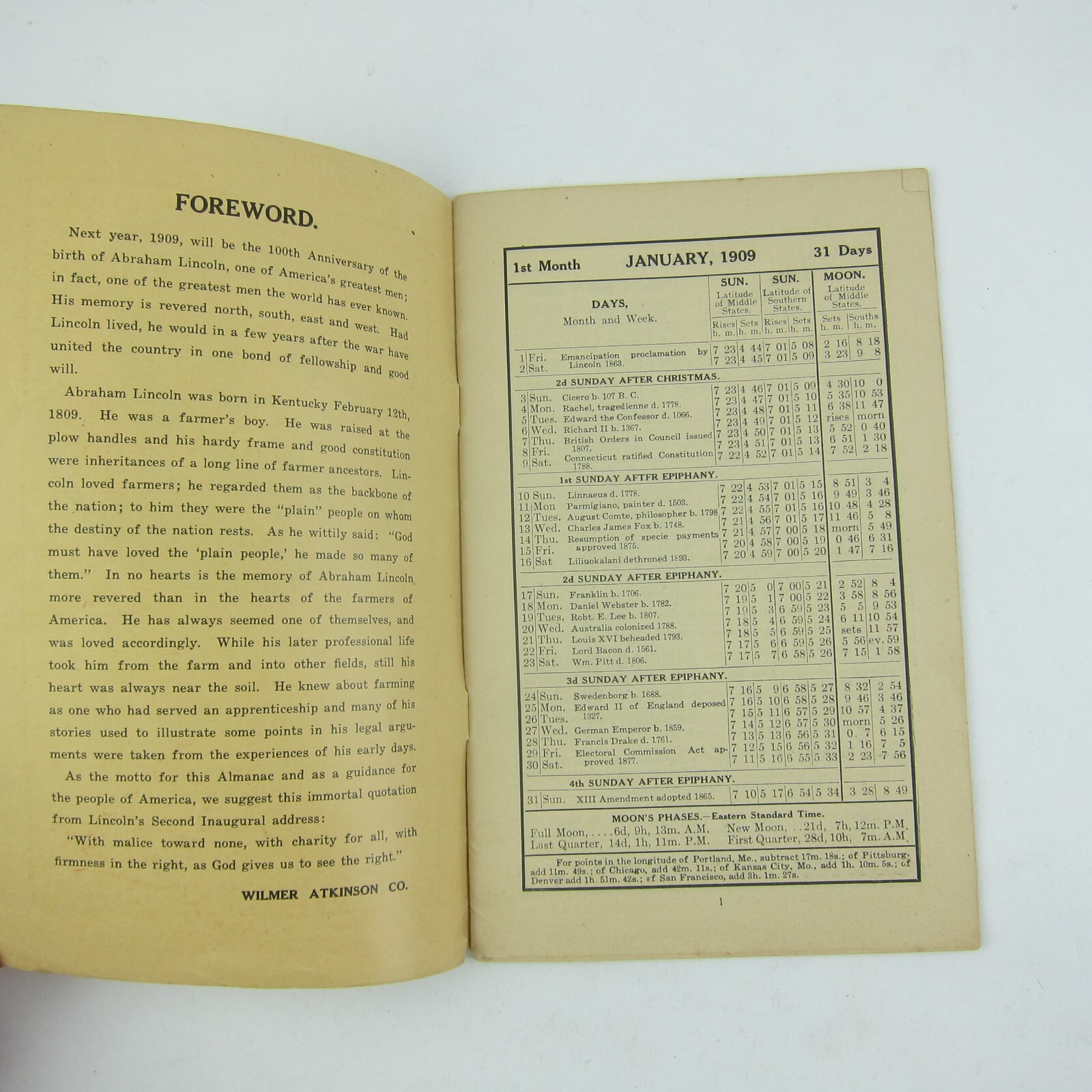 Abraham Lincoln Farm Almanac Wilmer Atkinson Co Farm Journal Antique 1909 RARE