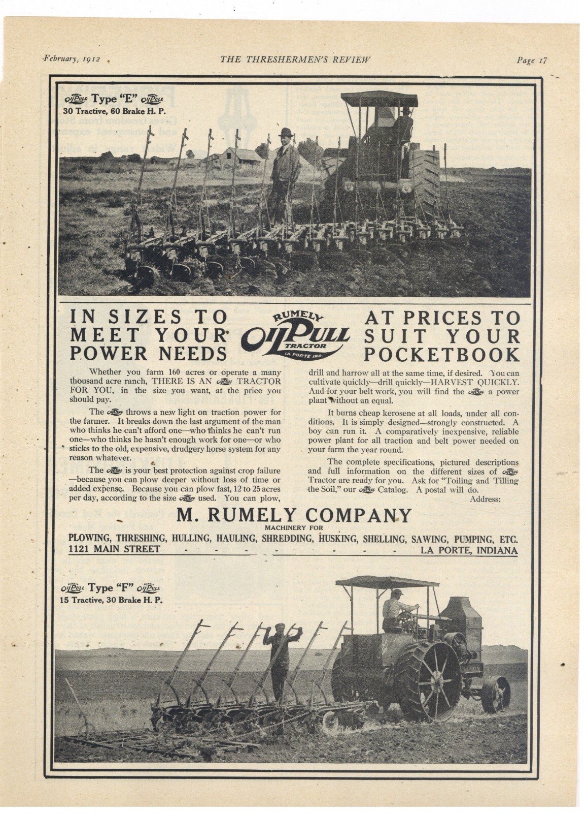 1912 M. Rumely Co. Ad: Oil Pull Tractors – Type F & Type E Pictured – La Porte