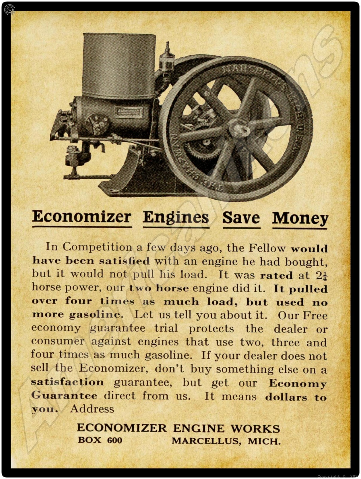 1916 Economizer Engine Works Gas Engines New Metal Sign: LARGE SIZE 12 x 16