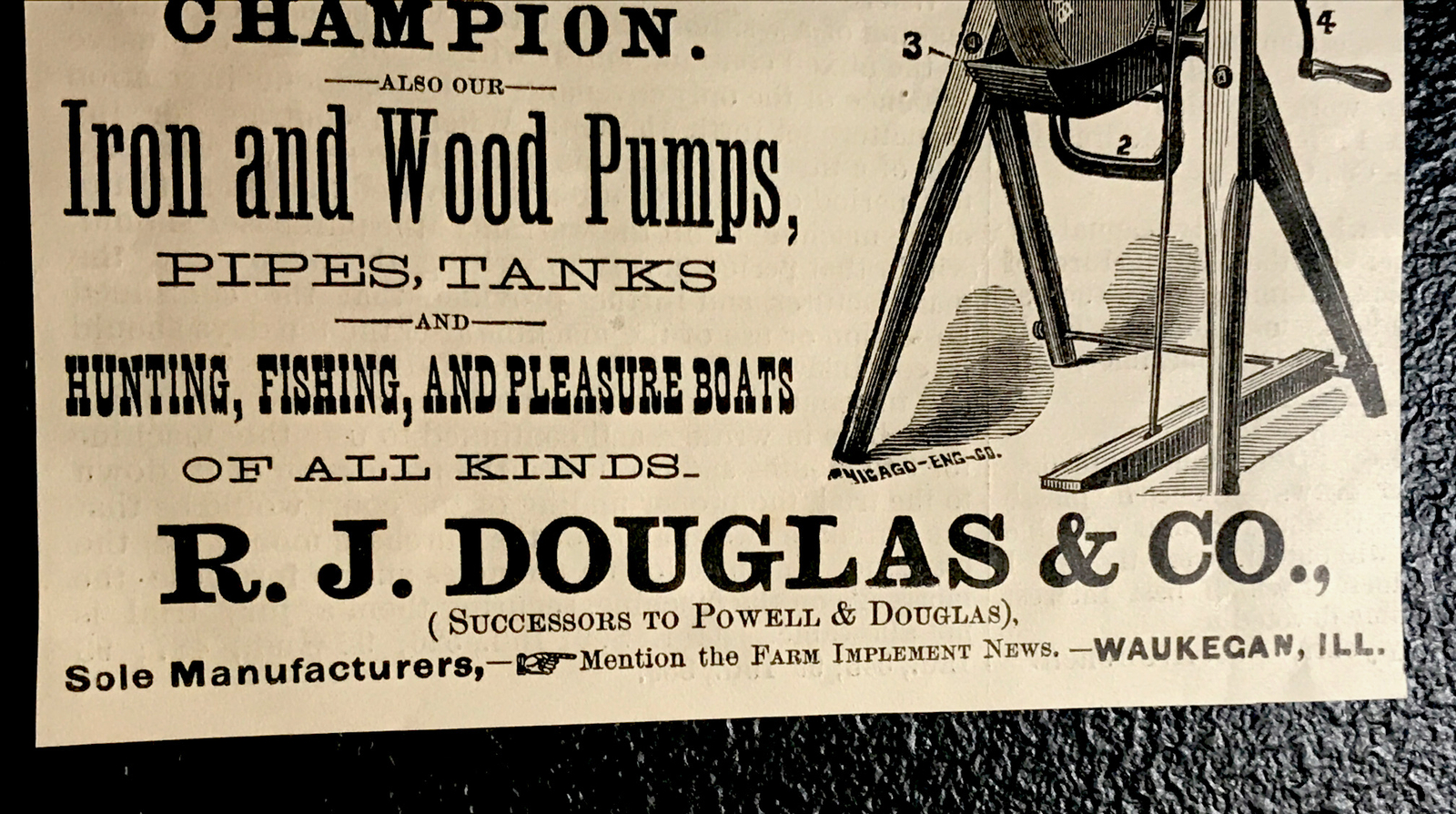 1886 Douglas Champion Windmill Farm Engraving Advertising – Waukegan – Illinois