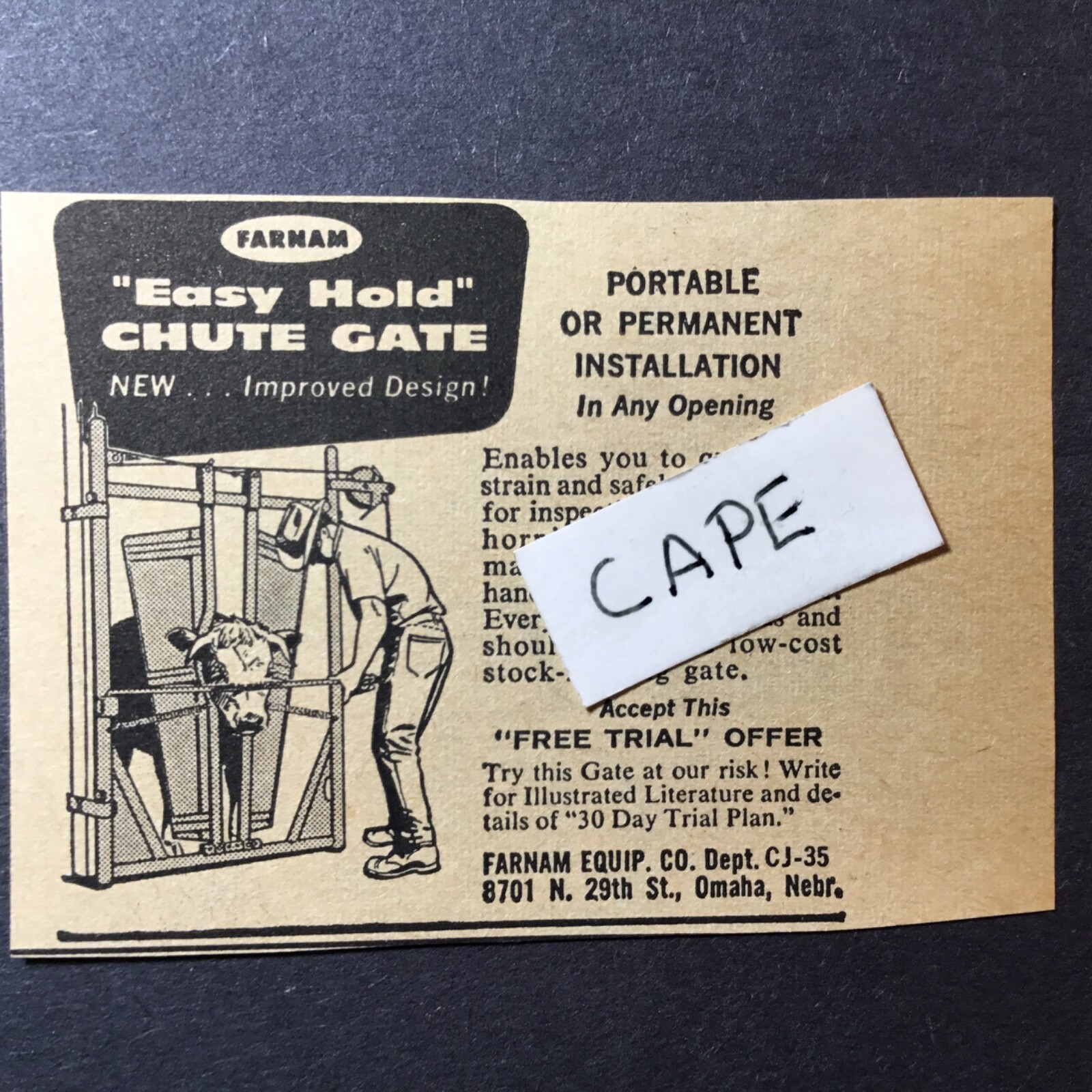 1965 Ad. Farnam Easy Hold Chute Gate. Farnam Equipment Co. Omaha, Nebraska