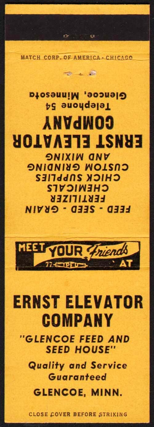 Vintage matchbook cover ERNST ELEVATOR Glencoe Feed Seed Glencoe Minnesota nrmt