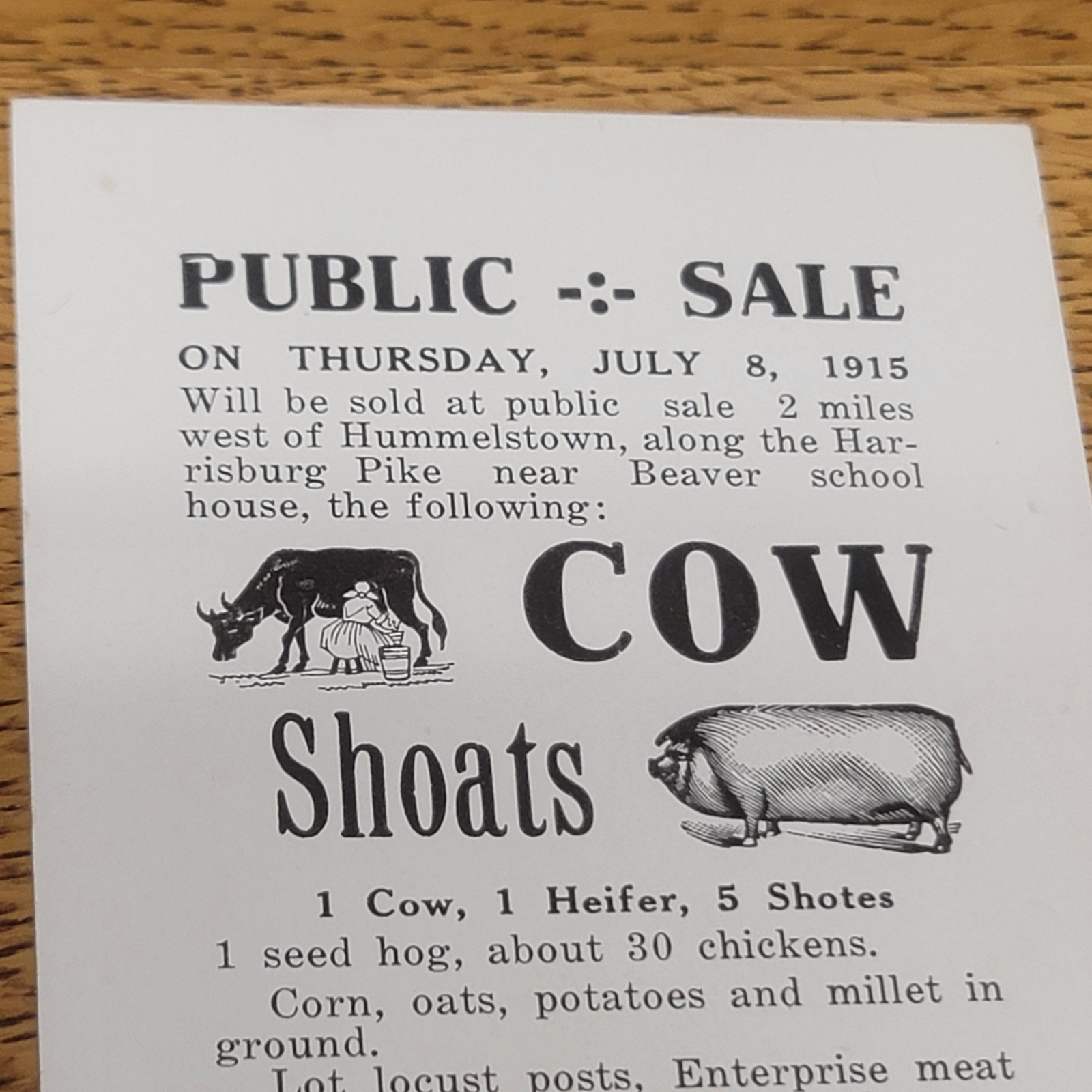 Public Sale Card July 8 1915 Cow Shoats John Stopfel Hess Auction Hummelstown