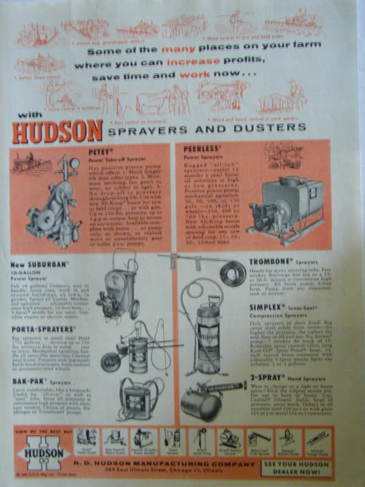 1954 HUDSON SPRAYERS AND DUSTERS WALL ART EPHEMERA Vintage Print AD 48