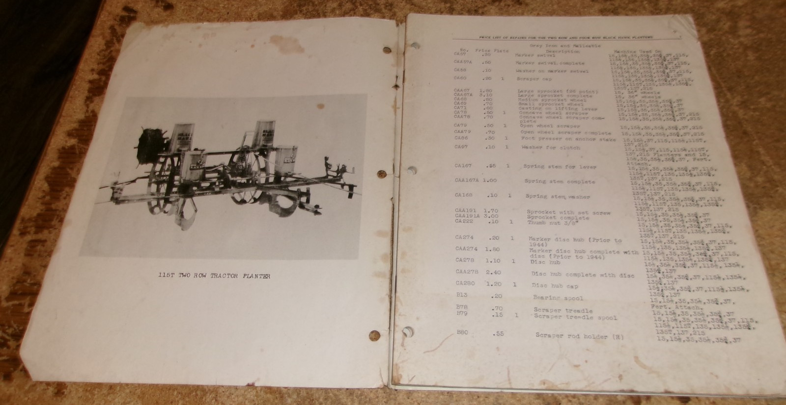 1945 ohio black hawk planters repair /parts list see description good used
