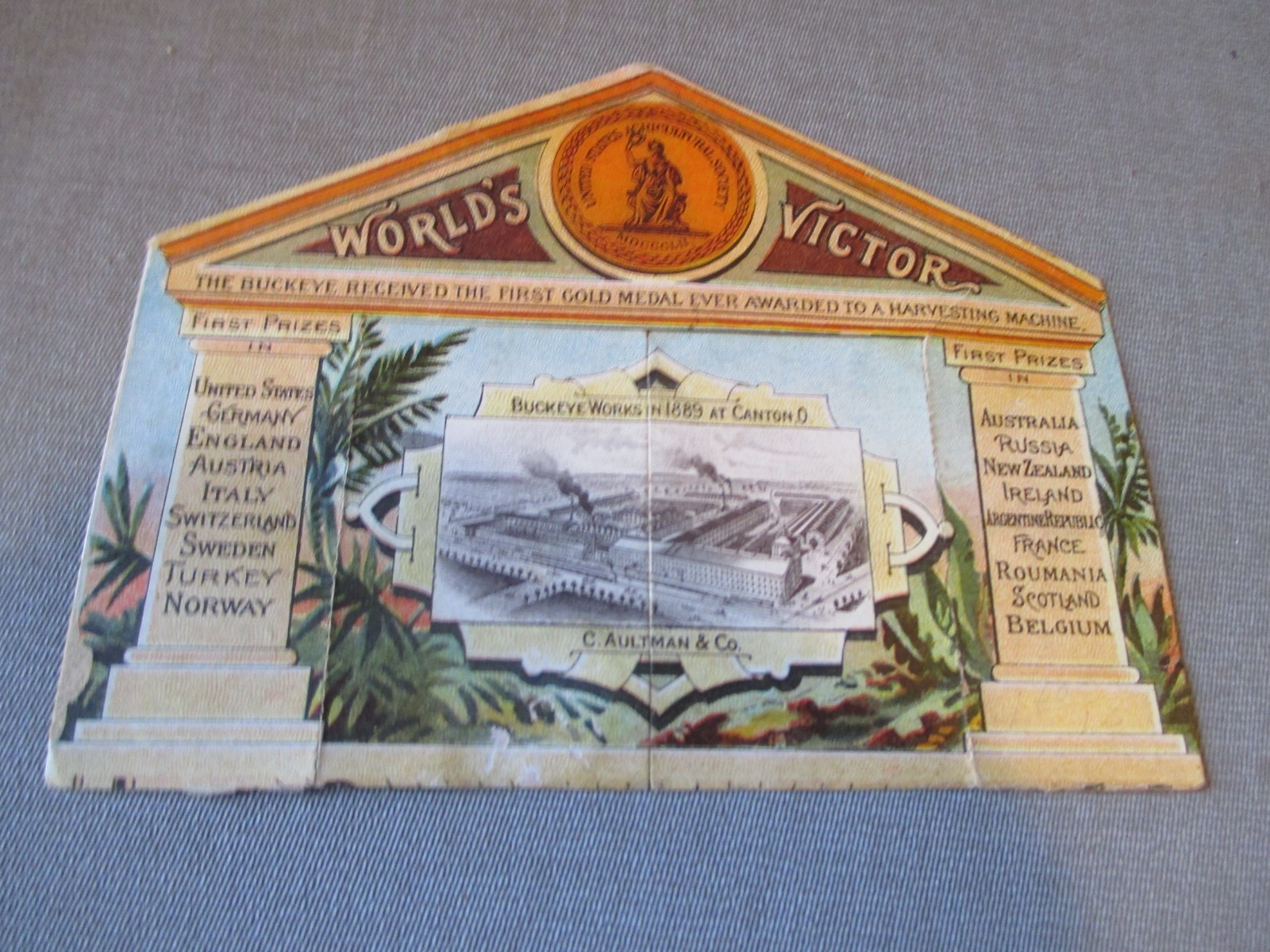 1889 BUCKEYE HARVESTING MACHINE FACTORY FOLD OUT TRADE CARD- CANTON AKRON OHIO