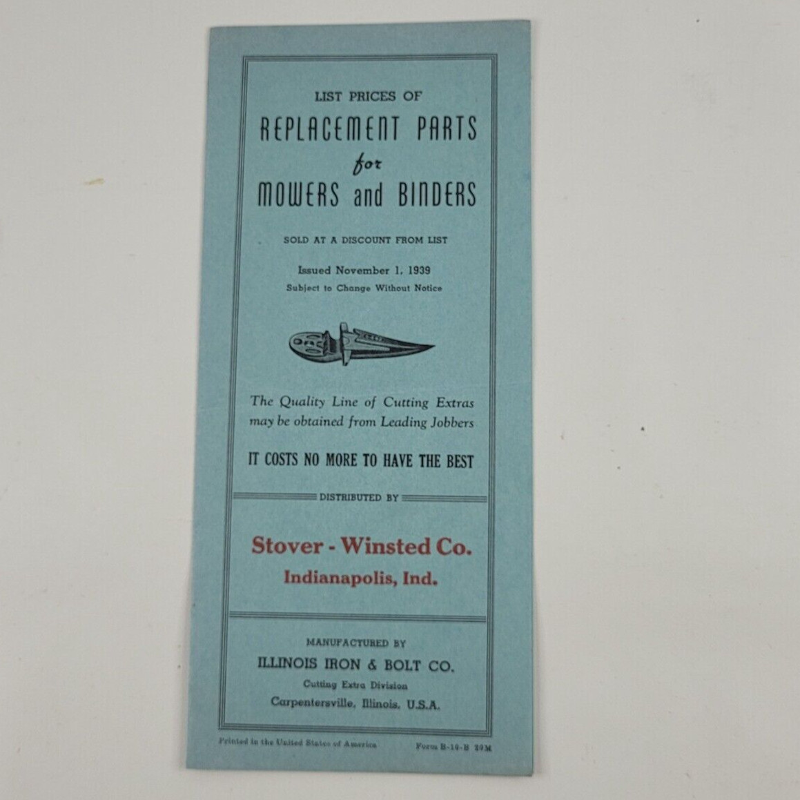 1939 Illinois Iron & Bolt Co. Mowers Blades Replacement Parts Price List Indy
