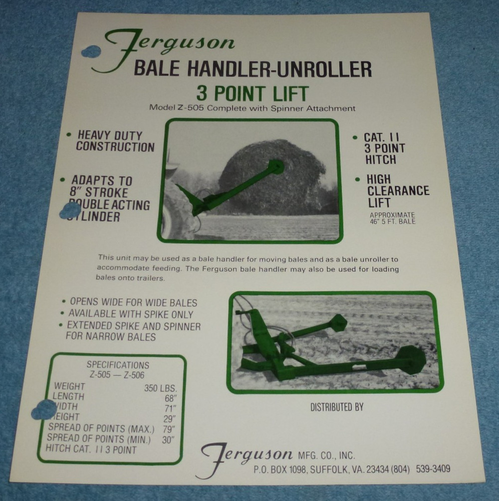 Vtg Ferguson Mfg Co Bale Handler-Unroller 3 Point Lift Spike Brochure Parts List