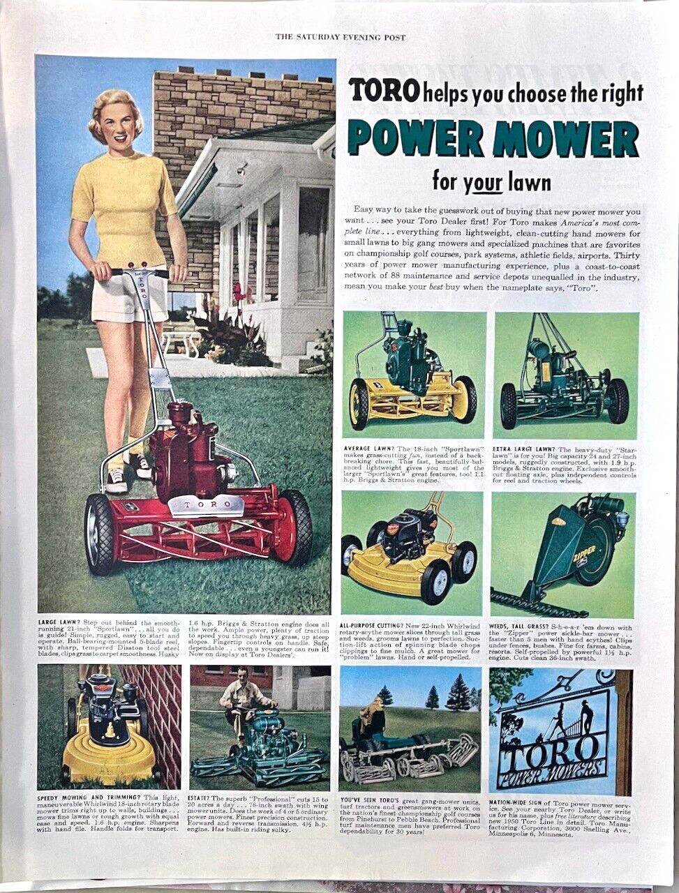 1950 magazine ad for Toro power mowers – Sportlawn, Zipper, Whirlwind and more