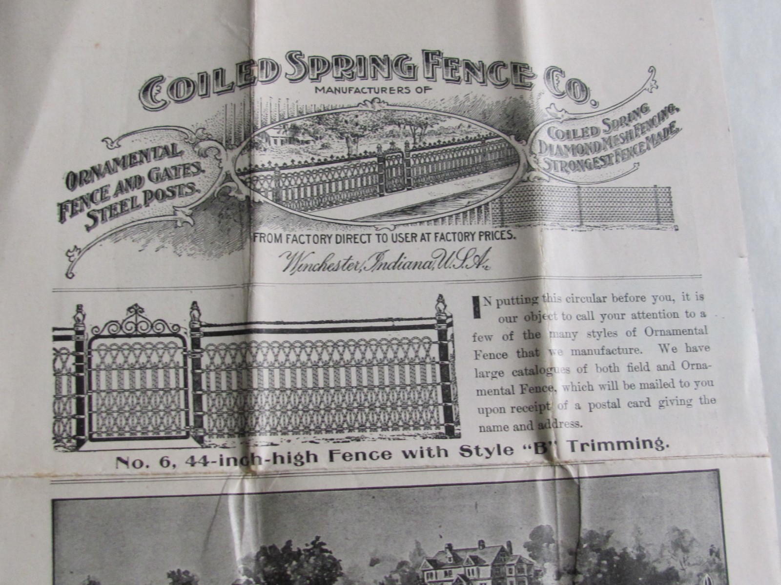 1906 COILED SPRING ORNAMENTAL FENCE WINCHESTER INDIANA LETTER & BROCHURE